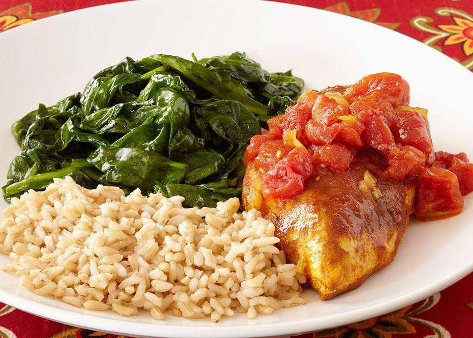 Moroccan Chicken with Brown Rice and Lemon Sauteed Spinach