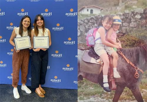 split image of sisters Andrea and María Jesus Vásquez: a childhood photo on the left and a present day photo on the right